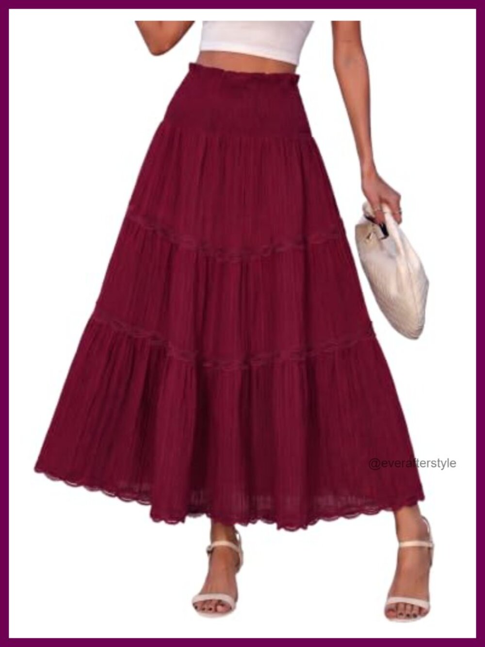 Smocked High Waisted Boho Flowy Maxi Skirt Lace Trim A-Line